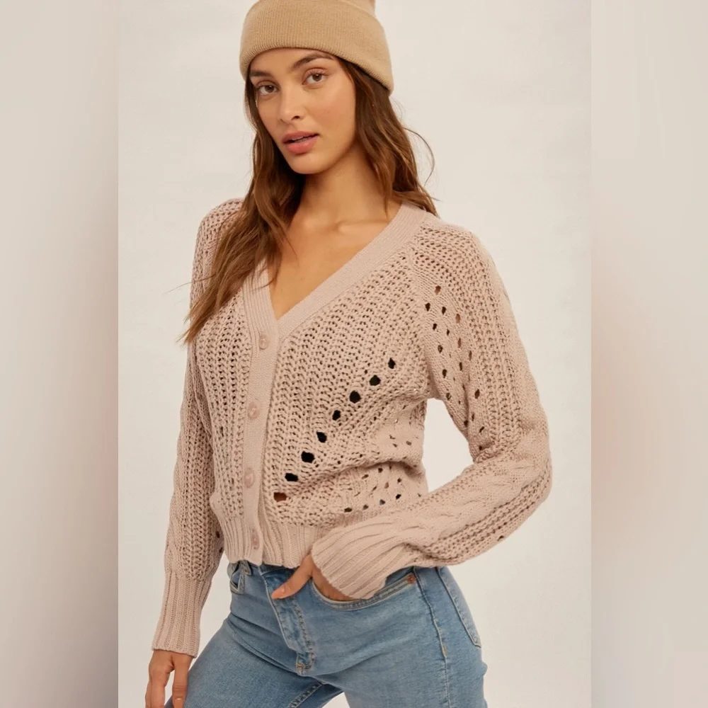 NWT Hem & Thread Pointelle V-Neck Button Down Cropped Cardigan - Picture 8 of 17